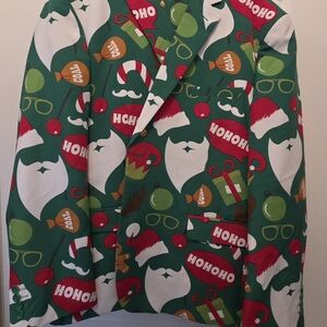 Festive Green Holiday Print Suit Jacket - Novelty Blazer
